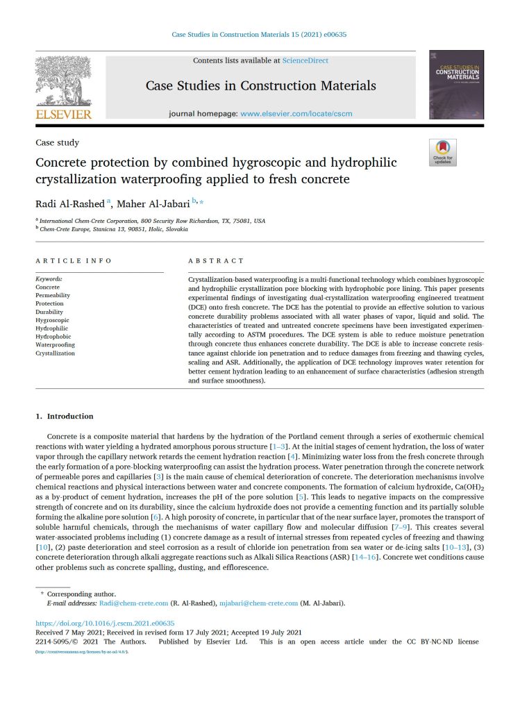 Concrete protection by combined hygroscopic and hydrophilic crystallization waterproofing applied to fresh concrete