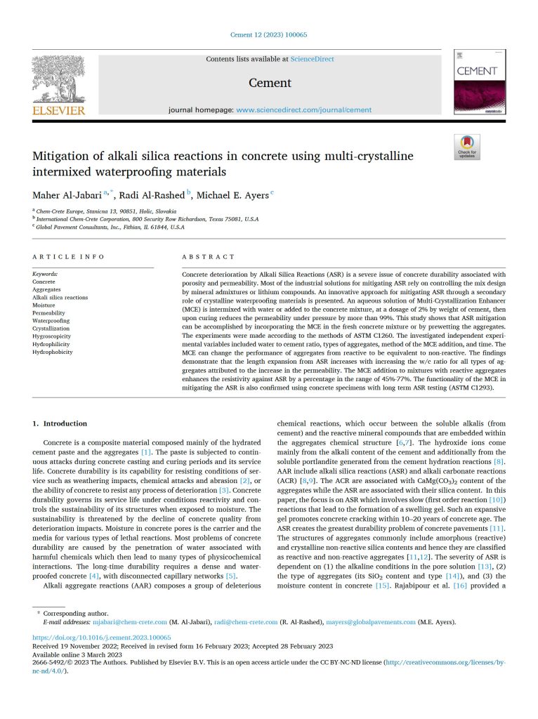 Mitigation of Alkali Silica Reactions in Concrete using Multi-crystalline Intermixed Waterproofing Materials