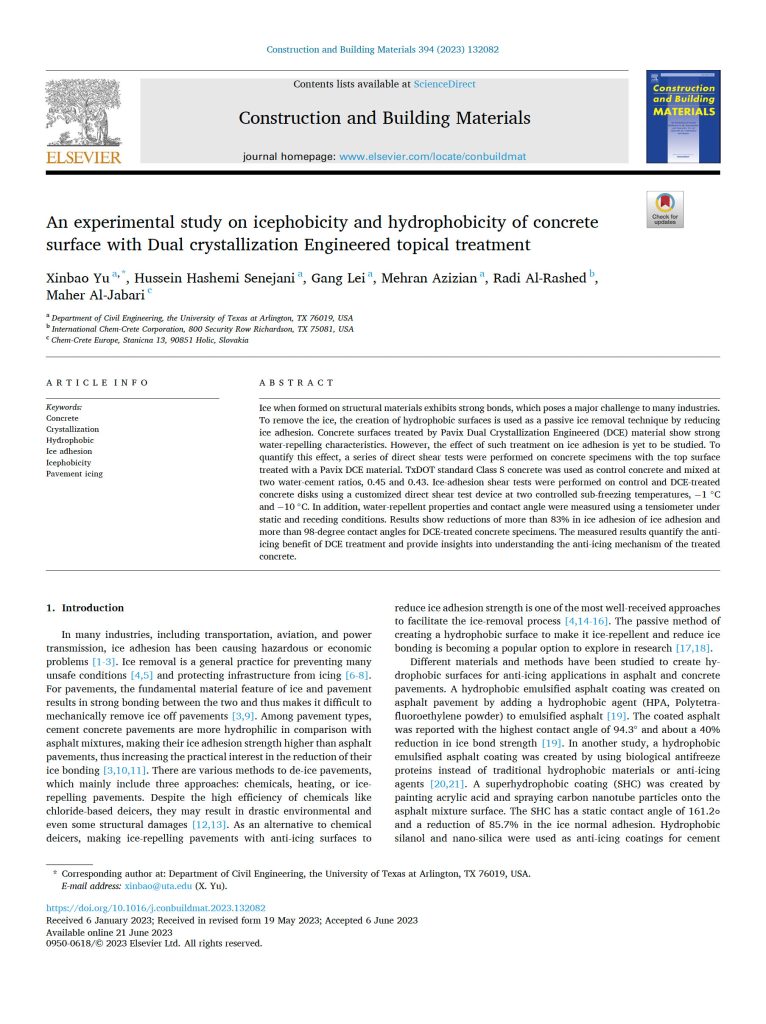 An experimental study on icephobicity and hydrophobicity of concrete surface with Dual crystallization Engineered topical treatment