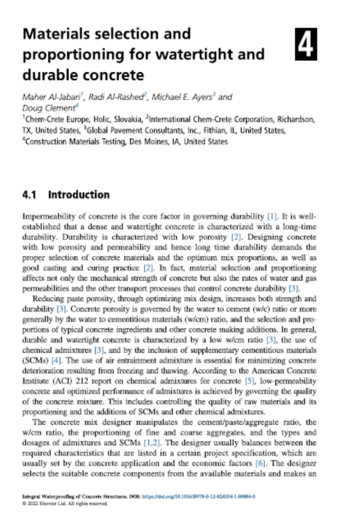 Materials selection and proportioning for watertight and durable concrete